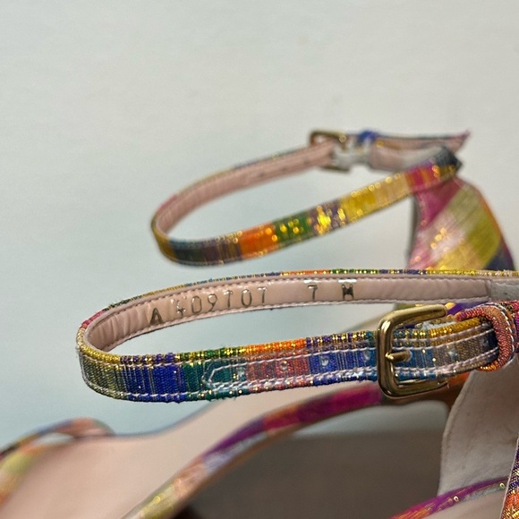 STUART WEITZMAN Metallic Rainbow Plaid Leather Ankle Strap Nunaked Sandals Heel - Picture 10 of 11